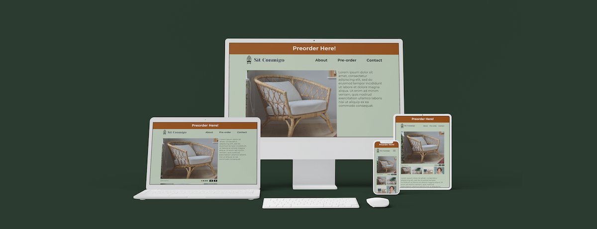 Laptop, desktop computer, mobile phone, and tablet mockups of a website featuring images of chairs, all on a dark green background